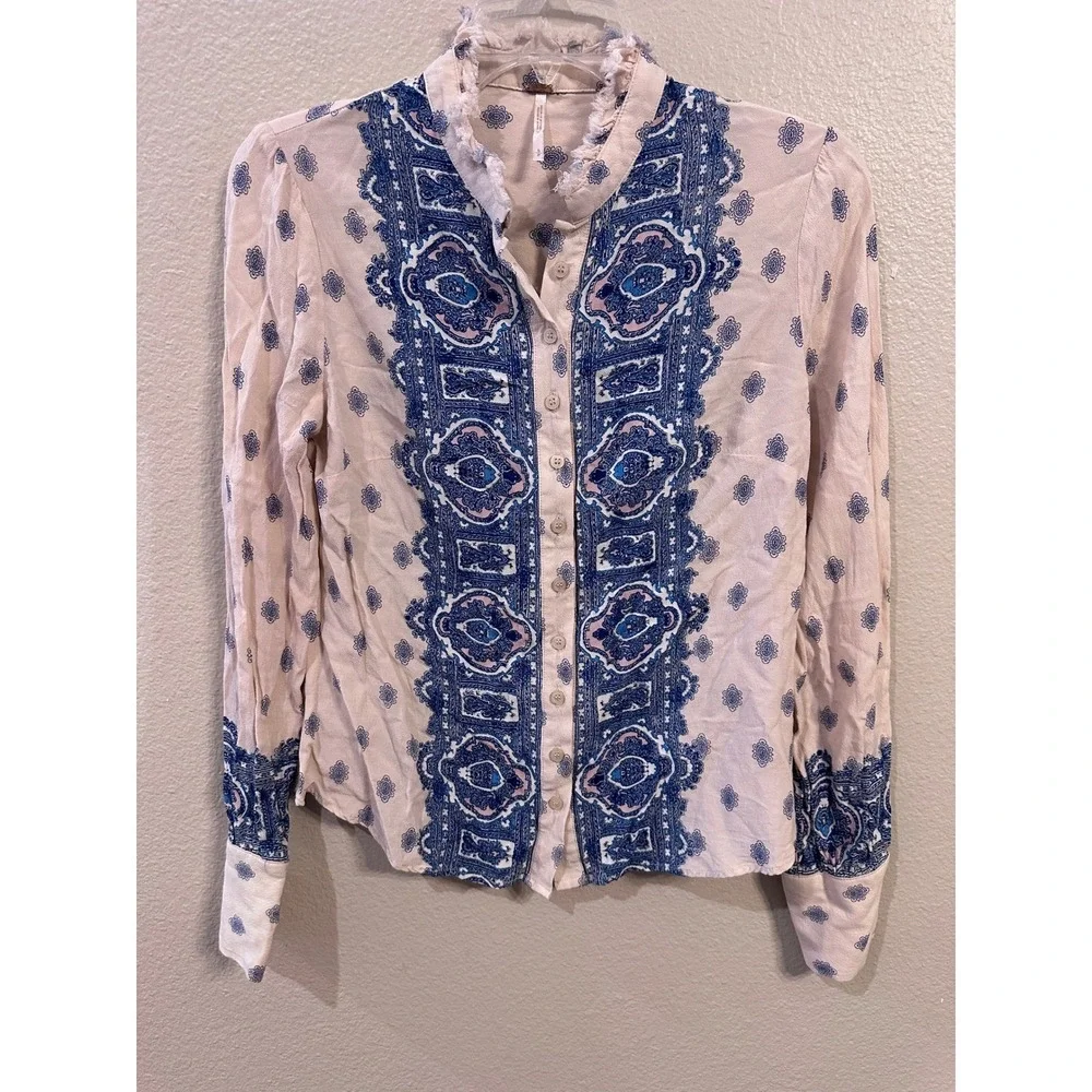 Free People Womens Bohemian Blouse Long Sleeve Button Down Top